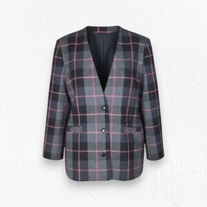 1990s Vintage Charcoal Gray Pink Plaid Boxy Power Suit Blazer Jacket Size 10P